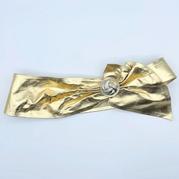 Vintage 80s Statement Belt Wide Gold Metallic Leather Las  display picture 1